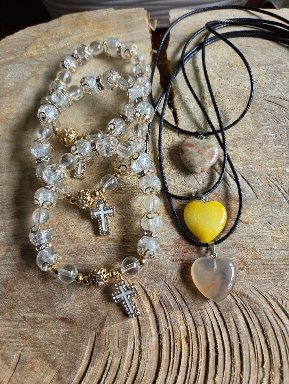 Handcrafted Set Of 6 Glass Beaded Cross Bracelet & Heart Stone Pendant Necklaces